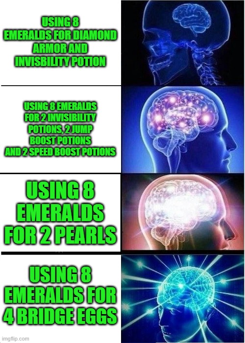 Only Bedwars Players can relate | USING 8 EMERALDS FOR DIAMOND ARMOR AND INVISBILITY POTION; USING 8 EMERALDS FOR 2 INVISIBILITY POTIONS, 2 JUMP BOOST POTIONS AND 2 SPEED BOOST POTIONS; USING 8 EMERALDS FOR 2 PEARLS; USING 8 EMERALDS FOR 4 BRIDGE EGGS | image tagged in memes,expanding brain | made w/ Imgflip meme maker