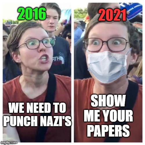 The blue hair mafia | 2016; 2021; SHOW ME YOUR PAPERS; WE NEED TO PUNCH NAZI'S | image tagged in sjw hypocrisy | made w/ Imgflip meme maker