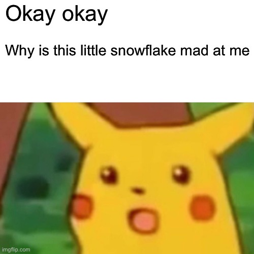 I have opinions | Okay okay; Why is this little snowflake mad at me | image tagged in memes,surprised pikachu | made w/ Imgflip meme maker