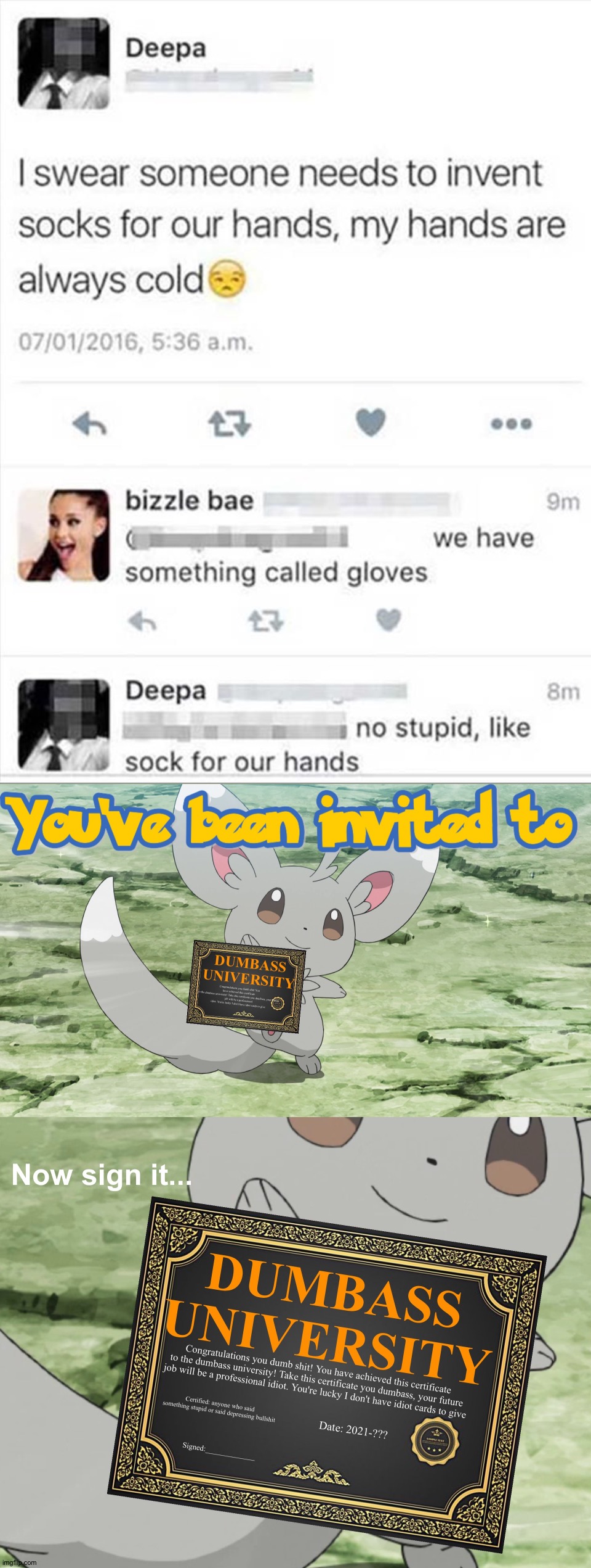 They're called "gloves" | image tagged in you've been invited to dumbass university,memes,funny,funny memes,stupid people,dank memes | made w/ Imgflip meme maker