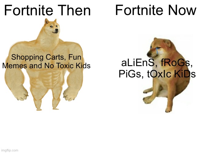 It’s not even the same game anymore |  Fortnite Then; Fortnite Now; Shopping Carts, Fun Memes and No Toxic Kids; aLiEnS, fRoGs, PiGs, tOxIc KiDs | image tagged in memes,buff doge vs cheems,fortnite | made w/ Imgflip meme maker