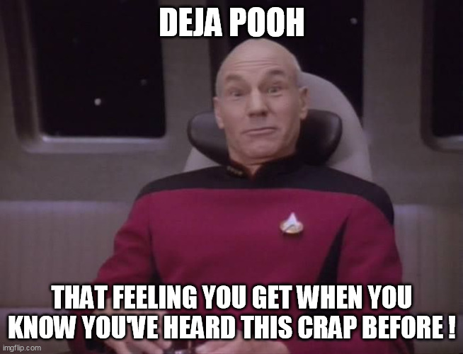 Deja vu pooh | DEJA POOH; THAT FEELING YOU GET WHEN YOU KNOW YOU'VE HEARD THIS CRAP BEFORE ! | image tagged in captain picard facepalm,jean luc picard,captain picard wtf,captain picard oh hell no,star trek next generation | made w/ Imgflip meme maker