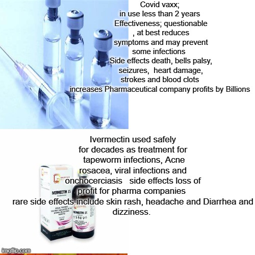 Covid vaxx; 
in use less than 2 years 
Effectiveness; questionable , at best reduces symptoms and may prevent some infections  
Side effects | made w/ Imgflip meme maker