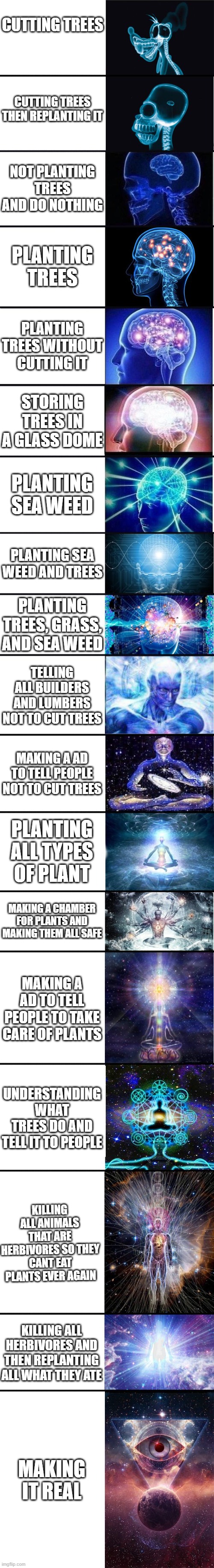 Plants Make Oxygen #DontBeVegan #TeamTrees #EatHerbivoresMeat | CUTTING TREES; CUTTING TREES THEN REPLANTING IT; NOT PLANTING TREES AND DO NOTHING; PLANTING TREES; PLANTING TREES WITHOUT CUTTING IT; STORING TREES IN A GLASS DOME; PLANTING SEA WEED; PLANTING SEA WEED AND TREES; PLANTING TREES, GRASS, AND SEA WEED; TELLING ALL BUILDERS AND LUMBERS NOT TO CUT TREES; MAKING A AD TO TELL PEOPLE NOT TO CUT TREES; PLANTING ALL TYPES OF PLANT; MAKING A CHAMBER FOR PLANTS AND MAKING THEM ALL SAFE; MAKING A AD TO TELL PEOPLE TO TAKE CARE OF PLANTS; UNDERSTANDING WHAT TREES DO AND TELL IT TO PEOPLE; KILLING ALL ANIMALS THAT ARE HERBIVORES SO THEY CANT EAT PLANTS EVER AGAIN; KILLING ALL HERBIVORES AND THEN REPLANTING ALL WHAT THEY ATE; MAKING IT REAL | image tagged in expanding brain 9001 | made w/ Imgflip meme maker