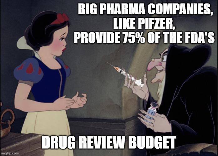 Snow White COVID VAX | BIG PHARMA COMPANIES, LIKE PIFZER,  PROVIDE 75% OF THE FDA'S DRUG REVIEW BUDGET | image tagged in snow white covid vax | made w/ Imgflip meme maker