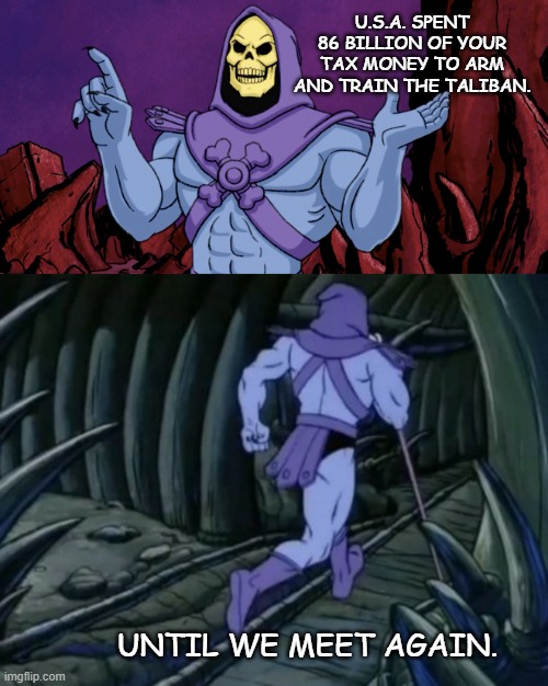 Our Government folks! :D | U.S.A. SPENT 86 BILLION OF YOUR TAX MONEY TO ARM AND TRAIN THE TALIBAN. UNTIL WE MEET AGAIN. | image tagged in skeletor until we meet again,taxes,government,politics | made w/ Imgflip meme maker