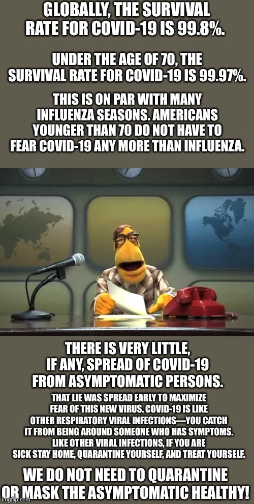 A COVID-19 Update… | GLOBALLY, THE SURVIVAL RATE FOR COVID-19 IS 99.8%. UNDER THE AGE OF 70, THE SURVIVAL RATE FOR COVID-19 IS 99.97%. THIS IS ON PAR WITH MANY INFLUENZA SEASONS. AMERICANS YOUNGER THAN 70 DO NOT HAVE TO FEAR COVID-19 ANY MORE THAN INFLUENZA. THERE IS VERY LITTLE, IF ANY, SPREAD OF COVID-19 FROM ASYMPTOMATIC PERSONS. THAT LIE WAS SPREAD EARLY TO MAXIMIZE FEAR OF THIS NEW VIRUS. COVID-19 IS LIKE OTHER RESPIRATORY VIRAL INFECTIONS—YOU CATCH IT FROM BEING AROUND SOMEONE WHO HAS SYMPTOMS. LIKE OTHER VIRAL INFECTIONS, IF YOU ARE SICK STAY HOME, QUARANTINE YOURSELF, AND TREAT YOURSELF. WE DO NOT NEED TO QUARANTINE OR MASK THE ASYMPTOMATIC HEALTHY! | image tagged in muppet news,covid | made w/ Imgflip meme maker