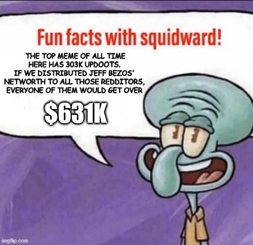 Fun Facts with Squidward | THE TOP MEME OF ALL TIME
HERE HAS 303K UPDOOTS. 
IF WE DISTRIBUTED JEFF BEZOS' 
NETWORTH TO ALL THOSE REDDITORS, 
EVERYONE OF THEM WOULD GET OVER; $631K | image tagged in fun facts with squidward,memes | made w/ Imgflip meme maker