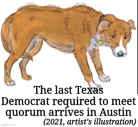 turned tail | The last Texas Democrat required to meet quorum arrives in Austin; (2021, artist's illustration) | image tagged in texas,crying democrats,liberal hypocrisy | made w/ Imgflip meme maker