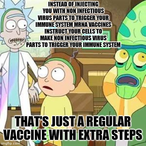 Why the extra steps? | INSTEAD OF INJECTING YOU WITH NON INFECTIOUS VIRUS PARTS TO TRIGGER YOUR IMMUNE SYSTEM MRNA VACCINES INSTRUCT YOUR CELLS TO MAKE NON INFECTIOUS VIRUS PARTS TO TRIGGER YOUR IMMUNE SYSTEM; THAT'S JUST A REGULAR VACCINE WITH EXTRA STEPS | image tagged in rick morty extra steps | made w/ Imgflip meme maker