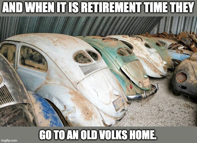 That's all, volks! | AND WHEN IT IS RETIREMENT TIME THEY; GO TO AN OLD VOLKS HOME. | image tagged in bad pun | made w/ Imgflip meme maker