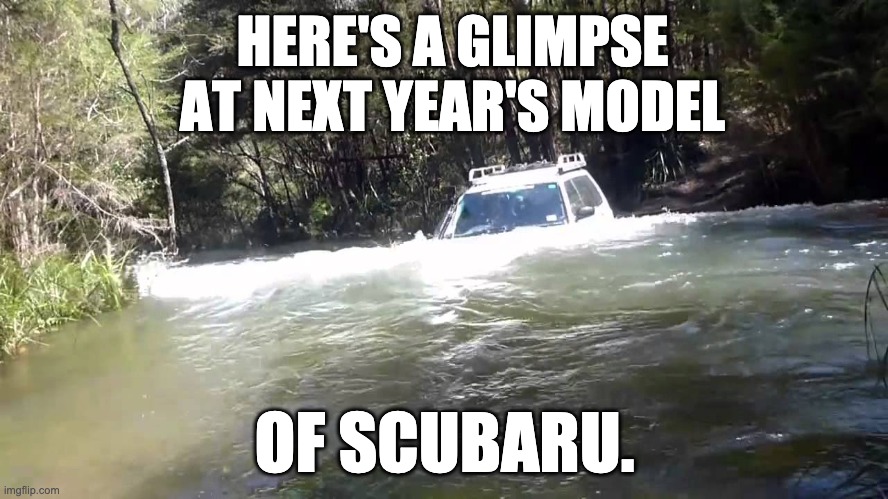 Subi | HERE'S A GLIMPSE AT NEXT YEAR'S MODEL; OF SCUBARU. | image tagged in bad pun | made w/ Imgflip meme maker