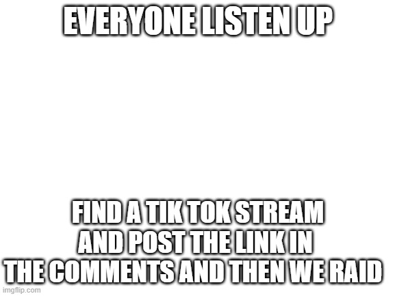 help us raid tik tok streamm | EVERYONE LISTEN UP; FIND A TIK TOK STREAM AND POST THE LINK IN THE COMMENTS AND THEN WE RAID | image tagged in blank white template,ew     tiktok | made w/ Imgflip meme maker