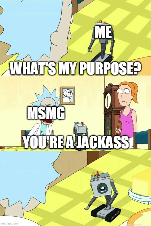 Everybody is known for good things here, I'm known for making bad memes and being an asshole | ME; WHAT'S MY PURPOSE? MSMG; YOU'RE A JACKASS | image tagged in what's my purpose - butter robot,memes,imgflip | made w/ Imgflip meme maker