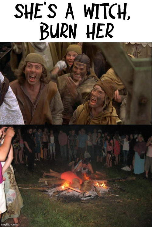 SHE'S A WITCH, 
BURN HER | image tagged in she's a witch burn her monty python,dark humor | made w/ Imgflip meme maker