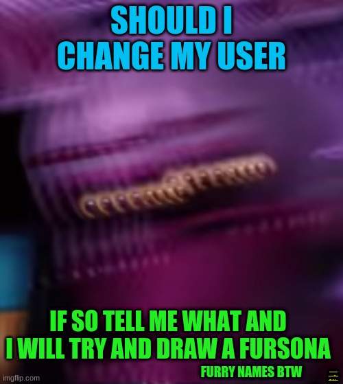 funtime freak out | SHOULD I CHANGE MY USER; IF SO TELL ME WHAT AND I WILL TRY AND DRAW A FURSONA; FURRY NAMES BTW; I KINDA WANNA BE NAMED GOLDEN FLOOF, HONESTLY... | image tagged in funtime freak out | made w/ Imgflip meme maker