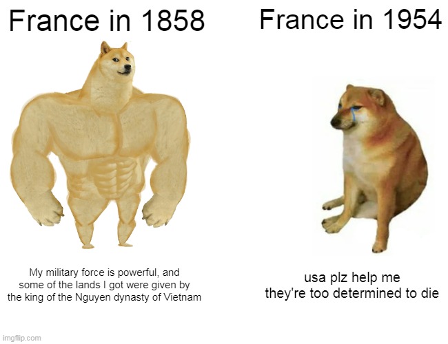 France in Vietnam War | France in 1858; France in 1954; My military force is powerful, and some of the lands I got were given by the king of the Nguyen dynasty of Vietnam; usa plz help me they're too determined to die | image tagged in memes,buff doge vs cheems | made w/ Imgflip meme maker