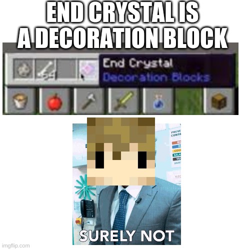 Literally everyone on hermitcraft 8 | END CRYSTAL IS A DECORATION BLOCK | image tagged in hermitcraft,minecraft | made w/ Imgflip meme maker