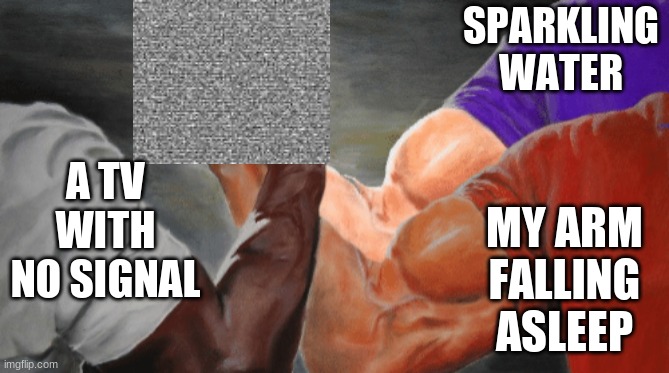 Tell me I am wrong | SPARKLING WATER; A TV WITH NO SIGNAL; MY ARM FALLING ASLEEP | image tagged in epic handshake 3 arms | made w/ Imgflip meme maker
