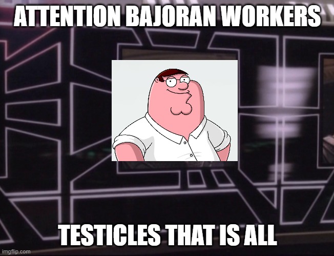 ATTENTION BAJORAN WORKERS |  ATTENTION BAJORAN WORKERS; TESTICLES THAT IS ALL | image tagged in attention bajoran workers | made w/ Imgflip meme maker