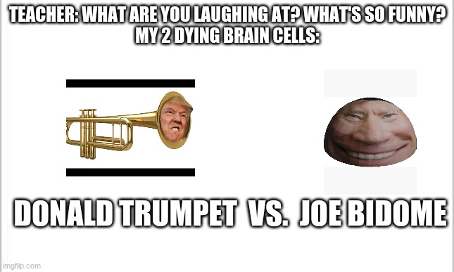 Donald Trumpet VS. Joe Bidome | TEACHER: WHAT ARE YOU LAUGHING AT? WHAT'S SO FUNNY?
MY 2 DYING BRAIN CELLS:; DONALD TRUMPET  VS.  JOE BIDOME | image tagged in white background,memes,cursed image | made w/ Imgflip meme maker