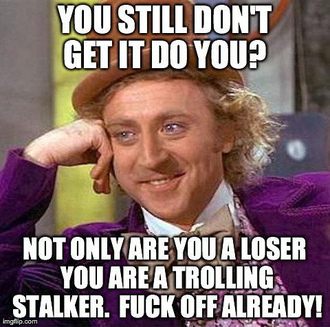 Creepy Condescending Wonka Meme | YOU STILL DON'T GET IT DO YOU?  NOT ONLY ARE YOU A LOSER YOU ARE A TROLLING STALKER.  F**K OFF ALREADY! | image tagged in memes,creepy condescending wonka | made w/ Imgflip meme maker