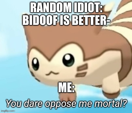 Furret you dare oppose me mortal? | RANDOM IDIOT: BIDOOF IS BETTER-; ME: | image tagged in furret you dare oppose me mortal | made w/ Imgflip meme maker