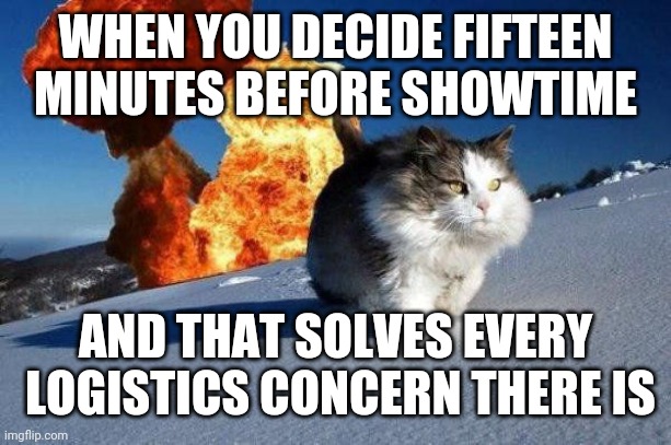 mission accomplished cat | WHEN YOU DECIDE FIFTEEN MINUTES BEFORE SHOWTIME AND THAT SOLVES EVERY
 LOGISTICS CONCERN THERE IS | image tagged in mission accomplished cat | made w/ Imgflip meme maker