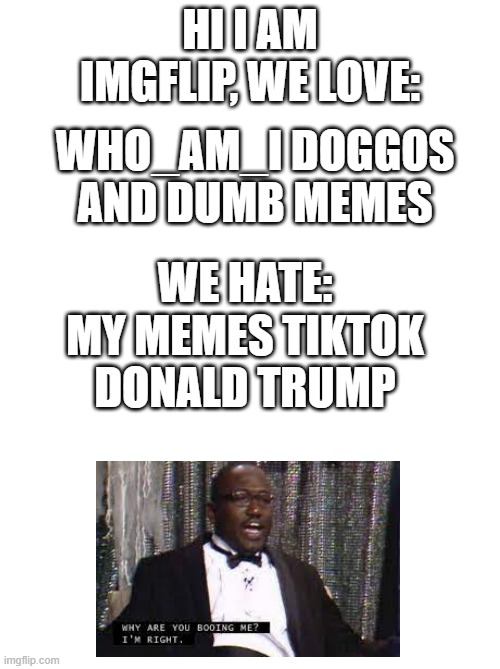 Vertical White Meme Template | HI I AM IMGFLIP, WE LOVE:; WHO_AM_I DOGGOS AND DUMB MEMES; WE HATE:; MY MEMES TIKTOK DONALD TRUMP | image tagged in vertical white meme template,oh wow are you actually reading these tags,why are you booing me i'm right | made w/ Imgflip meme maker