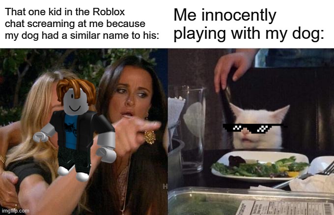 The nerve of some people--- | That one kid in the Roblox chat screaming at me because my dog had a similar name to his:; Me innocently playing with my dog: | image tagged in memes,woman yelling at cat | made w/ Imgflip meme maker