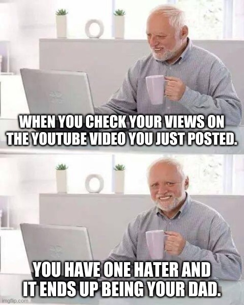 Hide the Pain Harold Meme | WHEN YOU CHECK YOUR VIEWS ON THE YOUTUBE VIDEO YOU JUST POSTED. YOU HAVE ONE HATER AND IT ENDS UP BEING YOUR DAD. | image tagged in memes,hide the pain harold | made w/ Imgflip meme maker
