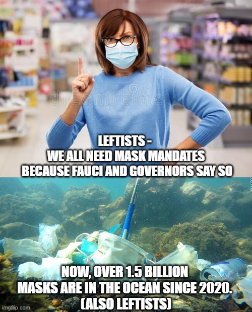 I'm an Environ-Mentalist | LEFTISTS - 
WE ALL NEED MASK MANDATES
 BECAUSE FAUCI AND GOVERNORS SAY SO; NOW, OVER 1.5 BILLION MASKS ARE IN THE OCEAN SINCE 2020.
 (ALSO LEFTISTS) | image tagged in liberals,covid-19,fauci,democrats,vaccine,biden | made w/ Imgflip meme maker