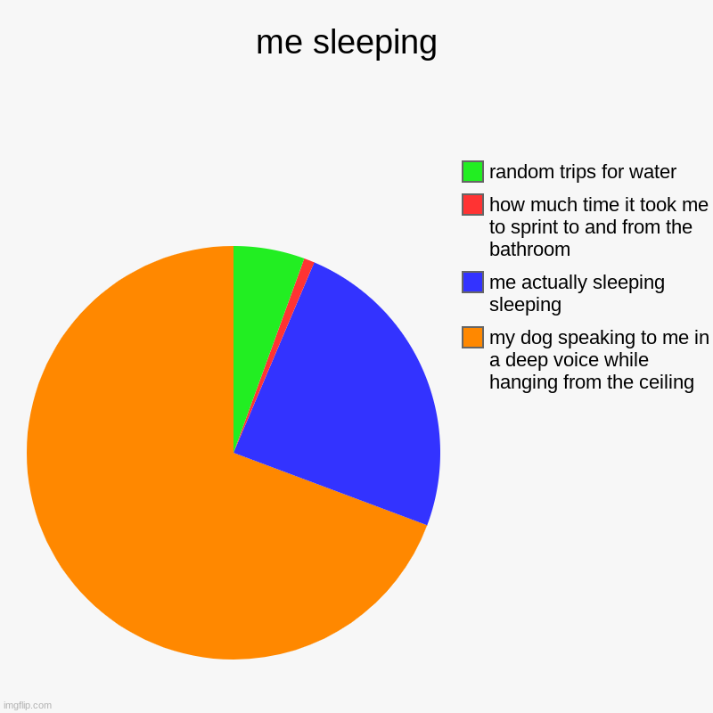 me irl | me sleeping  | my dog speaking to me in a deep voice while hanging from the ceiling , me actually sleeping sleeping , how much time it took  | image tagged in charts,pie charts | made w/ Imgflip chart maker