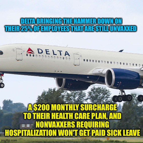 Maybe now they'll vax | DELTA BRINGING THE HAMMER DOWN ON THEIR 25% OF EMPLOYEES THAT ARE STILL UNVAXXED; A $200 MONTHLY SURCHARGE TO THEIR HEALTH CARE PLAN, AND NONVAXXERS REQUIRING HOSPITALIZATION WON'T GET PAID SICK LEAVE | image tagged in delta | made w/ Imgflip meme maker