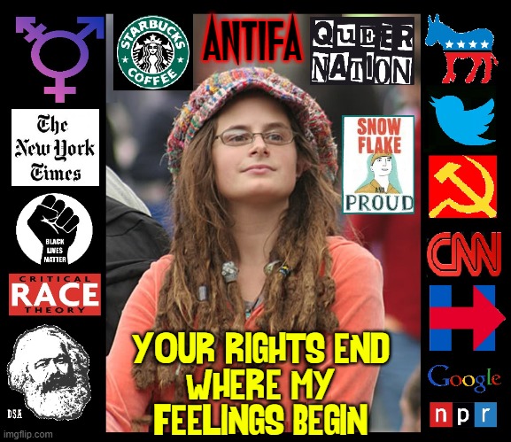 Most Liberal Meme EVER... or did I miss something? | ANTIFA; YOUR RIGHTS END
WHERE MY
FEELINGS BEGIN | image tagged in vince vance,radicals,far left,liberals,progressives,socialists | made w/ Imgflip meme maker
