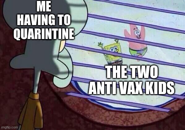 its so true | ME HAVING TO QUARINTINE; THE TWO ANTI VAX KIDS | image tagged in squidward window,coronavirus,spongbob | made w/ Imgflip meme maker