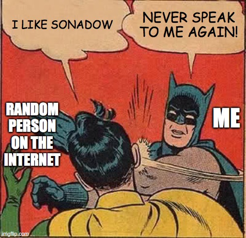 Never speak to me again | I LIKE SONADOW; NEVER SPEAK TO ME AGAIN! ME; RANDOM PERSON ON THE INTERNET | image tagged in memes,batman slapping robin,sonadow sucks,oh wow are you actually reading these tags | made w/ Imgflip meme maker