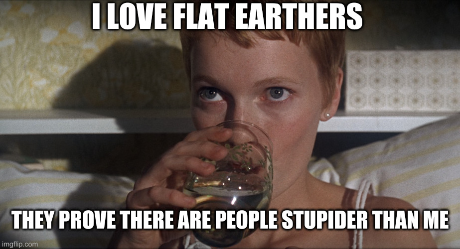 Rosemary | I LOVE FLAT EARTHERS THEY PROVE THERE ARE PEOPLE STUPIDER THAN ME | image tagged in rosemary | made w/ Imgflip meme maker