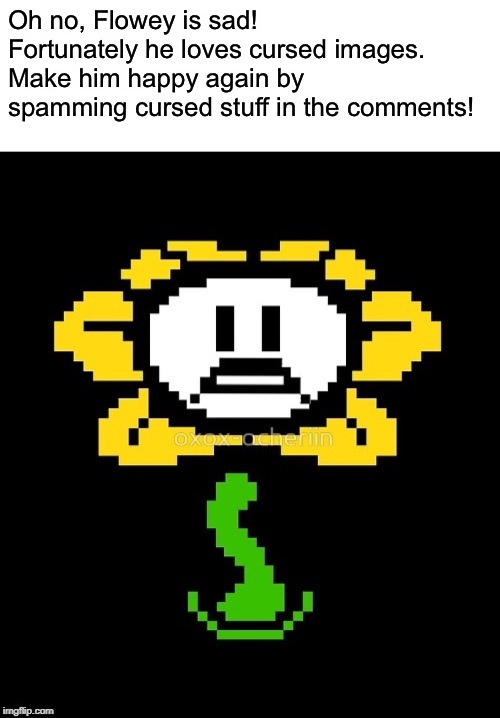 IM EXCITED | Oh no, Flowey is sad! Fortunately he loves cursed images. Make him happy again by spamming cursed stuff in the comments! | image tagged in sad flowey | made w/ Imgflip meme maker