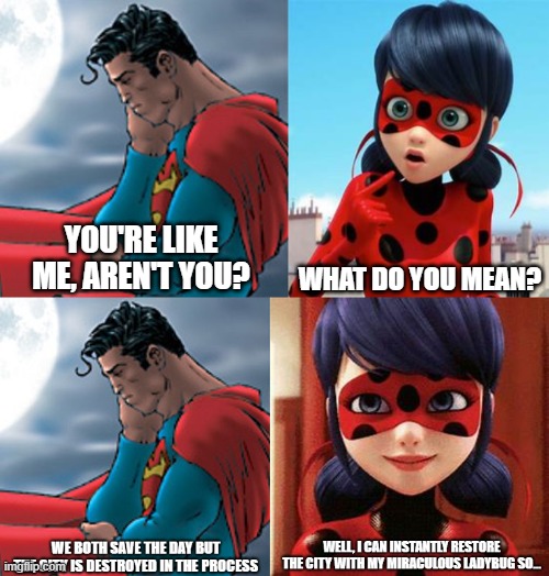 Stand aside Superman and watch a true superhero at work | YOU'RE LIKE ME, AREN'T YOU? WHAT DO YOU MEAN? | image tagged in miraculous ladybug | made w/ Imgflip meme maker