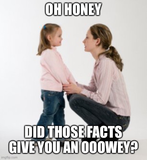 parenting raising children girl asking mommy why discipline Demo | OH HONEY DID THOSE FACTS GIVE YOU AN OOOWEY? | image tagged in parenting raising children girl asking mommy why discipline demo | made w/ Imgflip meme maker