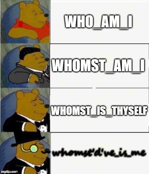Tuxedo Winnie the Pooh 4 panel | WHO_AM_I WHOMST_AM_I WHOMST_IS_THYSELF whomst'd've_is_me | image tagged in tuxedo winnie the pooh 4 panel | made w/ Imgflip meme maker