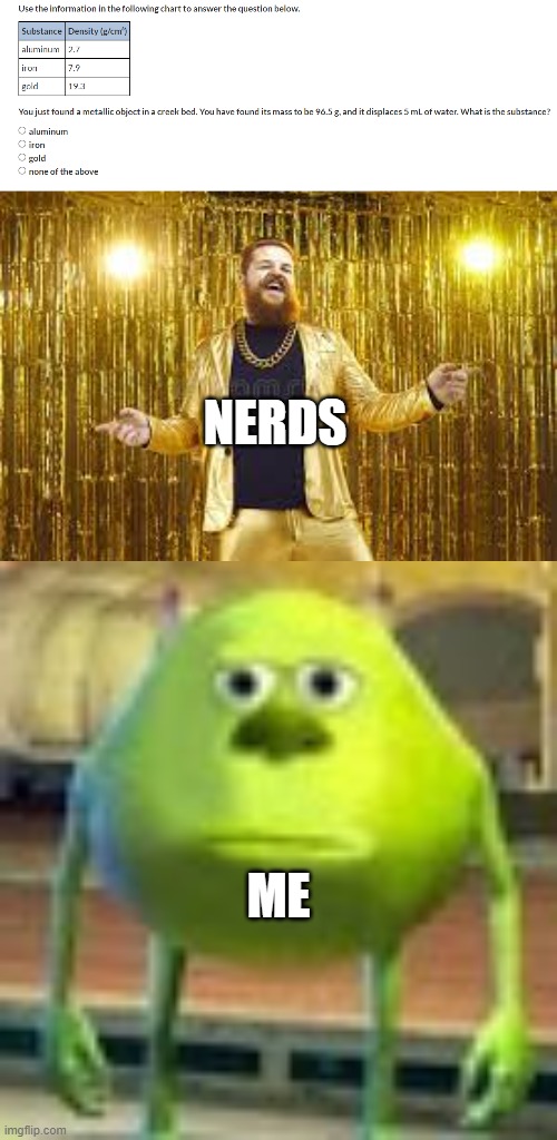 I'm not good at math | NERDS; ME | image tagged in sully wazowski,nerds,gold | made w/ Imgflip meme maker