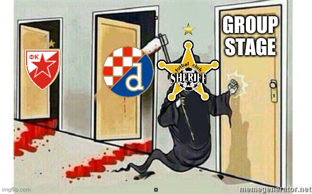 Zagreb 0-0 Sheriff: The Bessarabian Champions qualify for the UCL Group stage for the 1st time |  GROUP STAGE | image tagged in grim reaper knocking door,zagreb,sheriff,champions league,football,soccer | made w/ Imgflip meme maker