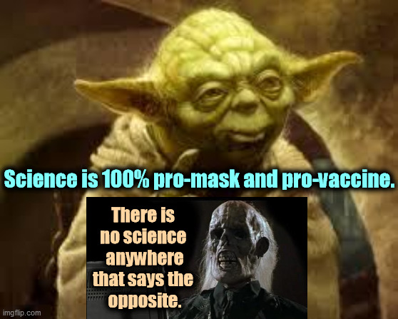 Republican politicians continue to throw you under a bus for their own benefit. If you die, too bad. | Science is 100% pro-mask and pro-vaccine. There is 
no science 
anywhere
that says the 
opposite. | image tagged in yoda,raiders,pandemic,covid-19,masks,vaccines | made w/ Imgflip meme maker