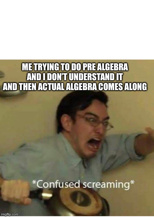 TEHE MATH GO BRRRRRR | ME TRYING TO DO PRE ALGEBRA AND I DON’T UNDERSTAND IT AND THEN ACTUAL ALGEBRA COMES ALONG | image tagged in confused screaming | made w/ Imgflip meme maker
