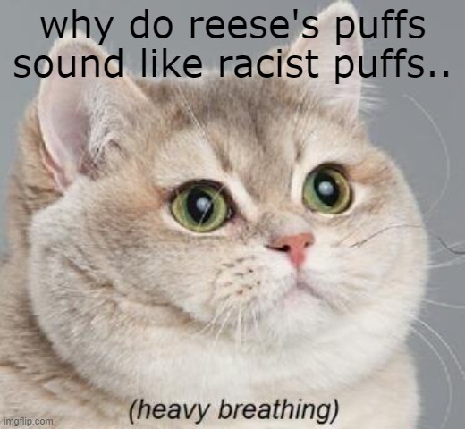 im bored. | why do reese's puffs sound like racist puffs.. | image tagged in memes,heavy breathing cat,cats,comedy,fun | made w/ Imgflip meme maker