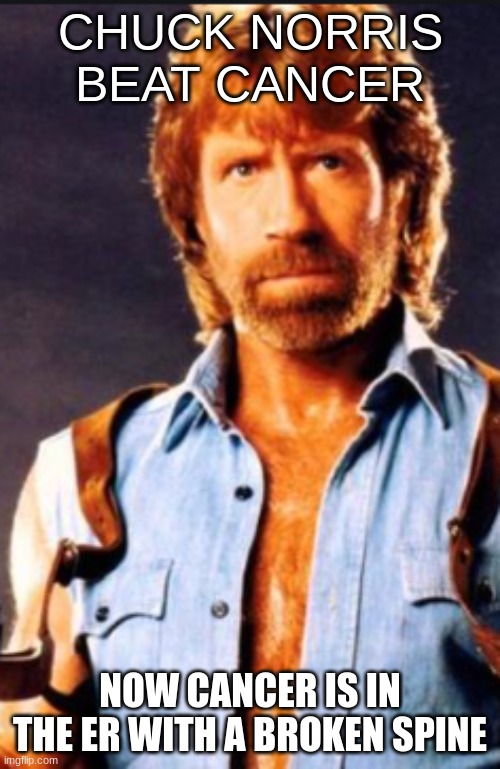 hellooooooooo | CHUCK NORRIS BEAT CANCER; NOW CANCER IS IN THE ER WITH A BROKEN SPINE | image tagged in chuck norris,funny | made w/ Imgflip meme maker