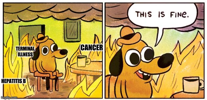 Denial | CANCER; TERMINAL ILLNESS; HEPATITIS B | image tagged in memes,this is fine | made w/ Imgflip meme maker