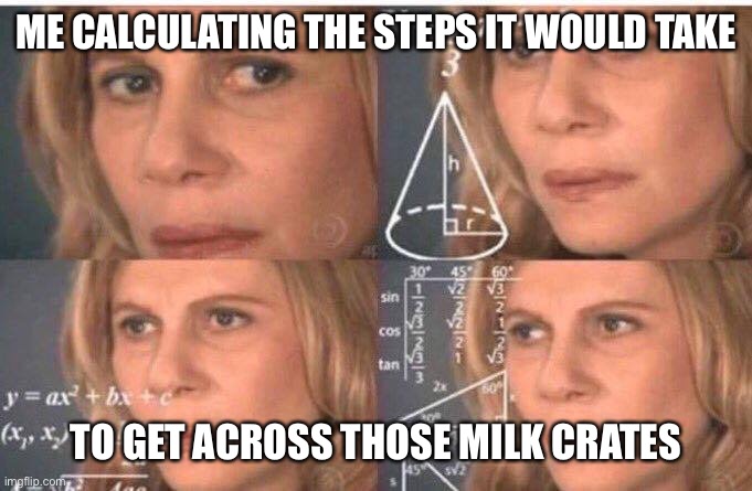 Math lady/Confused lady |  ME CALCULATING THE STEPS IT WOULD TAKE; TO GET ACROSS THOSE MILK CRATES | image tagged in math lady/confused lady,funny,funny memes,memes,repost,share | made w/ Imgflip meme maker